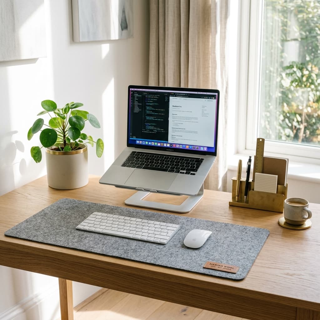 KULTRA Studio Desk Mat view 3 - Heather Grey 100% Merino Wool Desk Mat with workspace setup