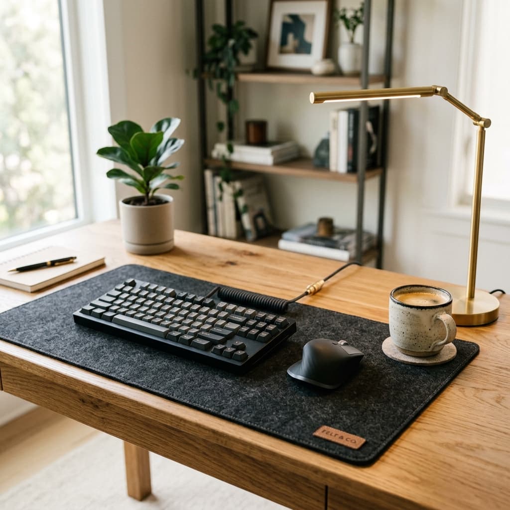 KULTRA Studio Charcoal 100% Merino Wool Desk Mat on an oak wood desk